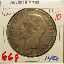 782. 1855 A France .900 Fine Silver Five Francs. Second Empire Napoleon III as Emperor. KM # 782.1. 