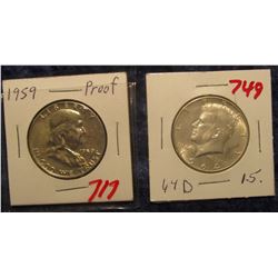 822. 1959 P Proof Franklin & 1964 D BU Kennedy Half Dollars.