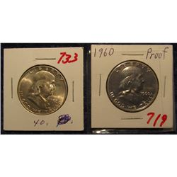 824. 1952 D BU & 1960 P Proof Franklin .900 fine Silver Half Dollars.