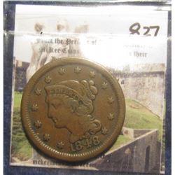 827. 1848 U.S. Large Cent. F-VF.