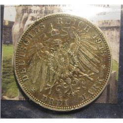 844. 1913 D Bavaria, Germany Silver Three Marks. VF 20.