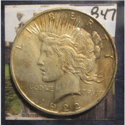 847. 1922 P U.S. Silver Peace Dollar. EF 40.