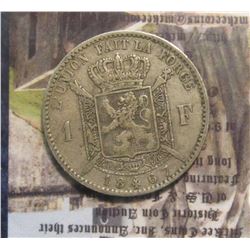 879. 1867 Belgium .835 fine Silver Franc. KM # 28.1 VF-20.