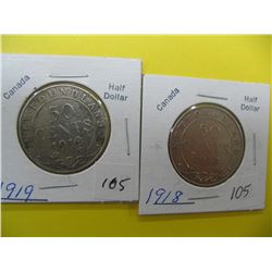 1918, 1919 Nfld. Silver Half Dollar Coins