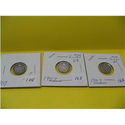 1907, 1907, 1907 Cdn. Silver Five Cent Pcs.