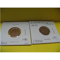 1900, 1901 U.S.A. Indian Head One Cent Pcs.