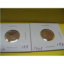 1901, 1902 U.S.A. Indian Head One Cent Pcs.