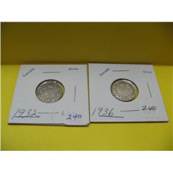 1932, 1936 Cdn. Silver Ten Cent Pcs.