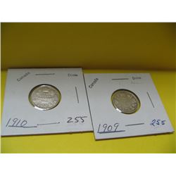 1909, 1910 Cdn. Silver Ten Cent Pcs.