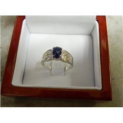 RING - 1.29CT CABOCHON CUT SAPPHIRE - CUSTOM MADE - SET IN FILIGREE STERLING SILVER - INCLUDES CERTI