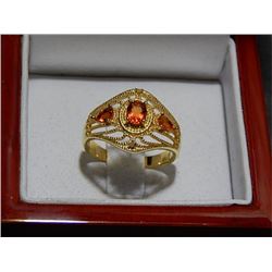 RING - STERLING SILVER AND GOLD FINISH ORANGE QUARTZ RING - SET WITH 2 DIAMONDS - INCLUDES CERTIFICA