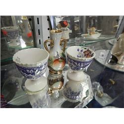 Spode egg cups; china urn = 3 pcs