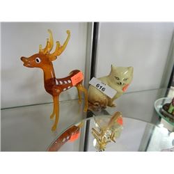 Glass deer and cat figurines = 2 pcs