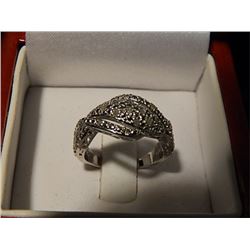 RING - TWIST STYLE DINNER RING - TOTAL OF 25 DIAMONDS SET IN JEWELLERS BRASS WITH SILVER PLATE FINIS