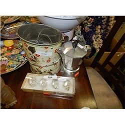 SET OF 4 SHELL PLACE CARD HOLDERS;BOMBAY CO; SMALL STOVE TOP ESPRESSO POT; VINTAGE SIFTER = 3PCS