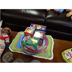 Disney plates, Disney Xmas decorations; Flintstones placemats = 13 pcs