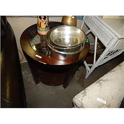 ROUND GLASS TOP MAHOGANY END TABLE