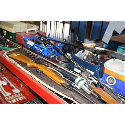 FISHERMAN HUNTERS LOT; PELLET RIFLE, FISHING RODS, REELS, TACKLE BOXES, BOW AND ARROW, ETC