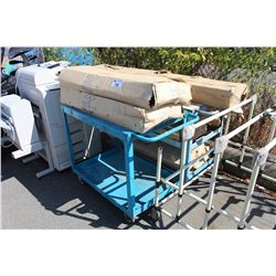 2 METAL ROLLING SHOP WORK CARTS,  BOXES OF GLASS MATERIAL, BIFOLD DOORS AND METAL TUBE