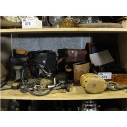 SHELF LOT OF ASSORTED COLLECTABLES; ARMY FIELD RADIOS, BEACON LAMPS, BINOCULARS, WOOD BLOCKS,