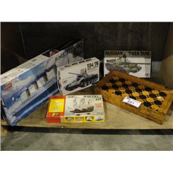 SHELF LOT OF ASSORTED COLLECTABLE MODELS; SHIPS, TANKS, AND A WOOD CRAFTED CHECKERS/ CHESS