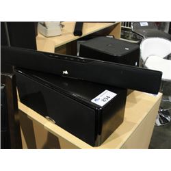 GROUP OF 3 POLK HOME AUDIO SPEAKER SET; SOUND BAR, CENTER SPEAKER AND POWERED SUB WOOFER