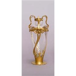 ORIVIT A.G., Köln Vase, Zinn vergoldet, farbloses Glas. Glaseinsatz mit geschliffenem diago...