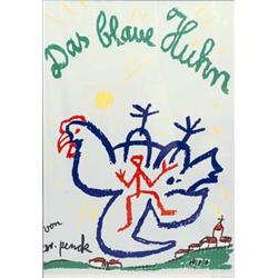 A. R. PENCK (*1939) Das blaue Huhn, Farbiger Siebdruck. Blaues Huhn mit rotem Strichmännche...