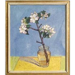 HANS WERDEHAUSEN (1910 - 1977) Stillleben, Öl auf Karton. Glasvase mit Apfelzweig vor hellb...