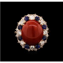 14KT Rose Gold 6.40ct Red Coral, Sapphire and Diamond Ring