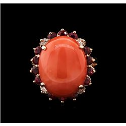 14KT Rose Gold 13.08ct Pink Coral, Ruby and Diamond Ring