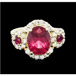 14KT Yellow Gold 3.30ct Rubellite, Ruby and Diamond Ring