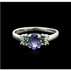 14KT White Gold 0.59ct Tanzanite, Emerald and Diamond Ring