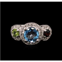 2.45ct Aquamarine, Peridot, Garnet and Diamond Ring - 14KT White Gold