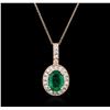 Image 2 : 14KT Rose Gold 3.05ct Emerald and Diamond Penadnt With Chain