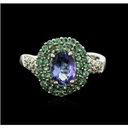 14KT White Gold 1.53ct Tanzanite, Emerald and Diamond Ring