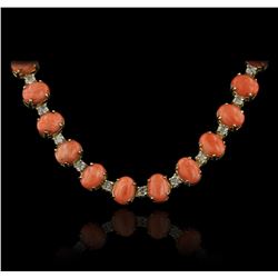 14KT Yellow Gold 40.42ctw Pink Coral and Diamond Necklace