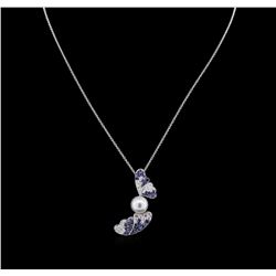 Pearl, Sapphire and Diamond Pendant With Chain - 18KT White Gold