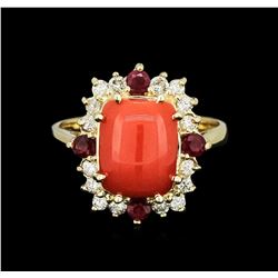 14KT Yellow Gold 3.15ct Coral, Ruby and Diamond Ring