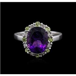 14KT White Gold 2.86ct Amethyst, Peridot and Diamond Ring