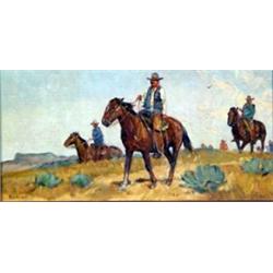 Sheryl Bodily. Oil on canvas. 3 Cowboys. 6  x 12 . Estimate $300-$400.…