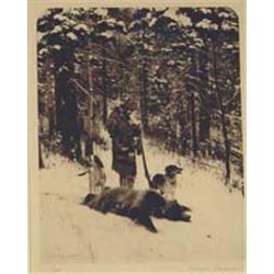 Michael Coleman (b.1946). Etching. "Bear Hunter." #75/300. Ex John Hampton collection. 9" x 7". E…