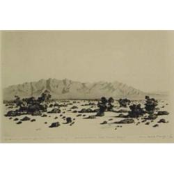 George Elbert Burr (1859-1939). Trial proof etching.  Santa Catalina Mts, Tucson Ariz.  5.5  x 8.…