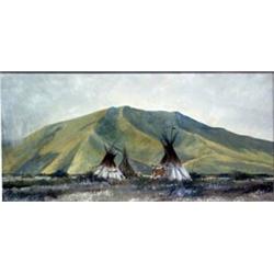 Ken Longmore. Gouache. Indian camp. Framed & matted under glass, sight size 8.5" x 18.5". Estimat…