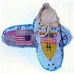 Beaded Ceremonial Moccasins with American flag design. Not old but fabulous work. 6" long. Estima…