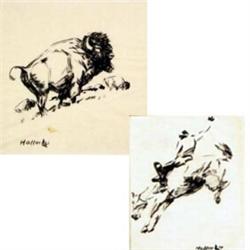 Frank Hoffman (1888-1958). Pair of dry brush drawings. Bronco Buster, 6.25" x 4.25" & Buffalo, 7.…