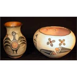 Santa Domingo Pueblo Indian Bowl with floral design & 8 holes for hanging, circa 1925-1935. 5.5" …