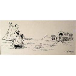 William Standing (1904-1951). Pen & ink. Cartoon - Indians & Covered Wagons. 6" x 13".  Estimate …