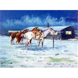 Victor Auldt. Oil on board. "Three Horses at Cabin." 18" x 24". Estimate $750-$1,000.…