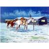 Image 1 : Victor Auldt. Oil on board. "Three Horses at Cabin." 18" x 24". Estimate $750-$1,000.…